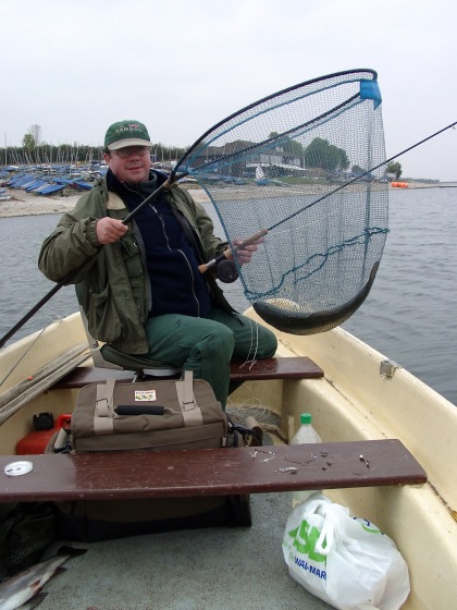 Ian Gaskell with minkie fry feeder safely in the net